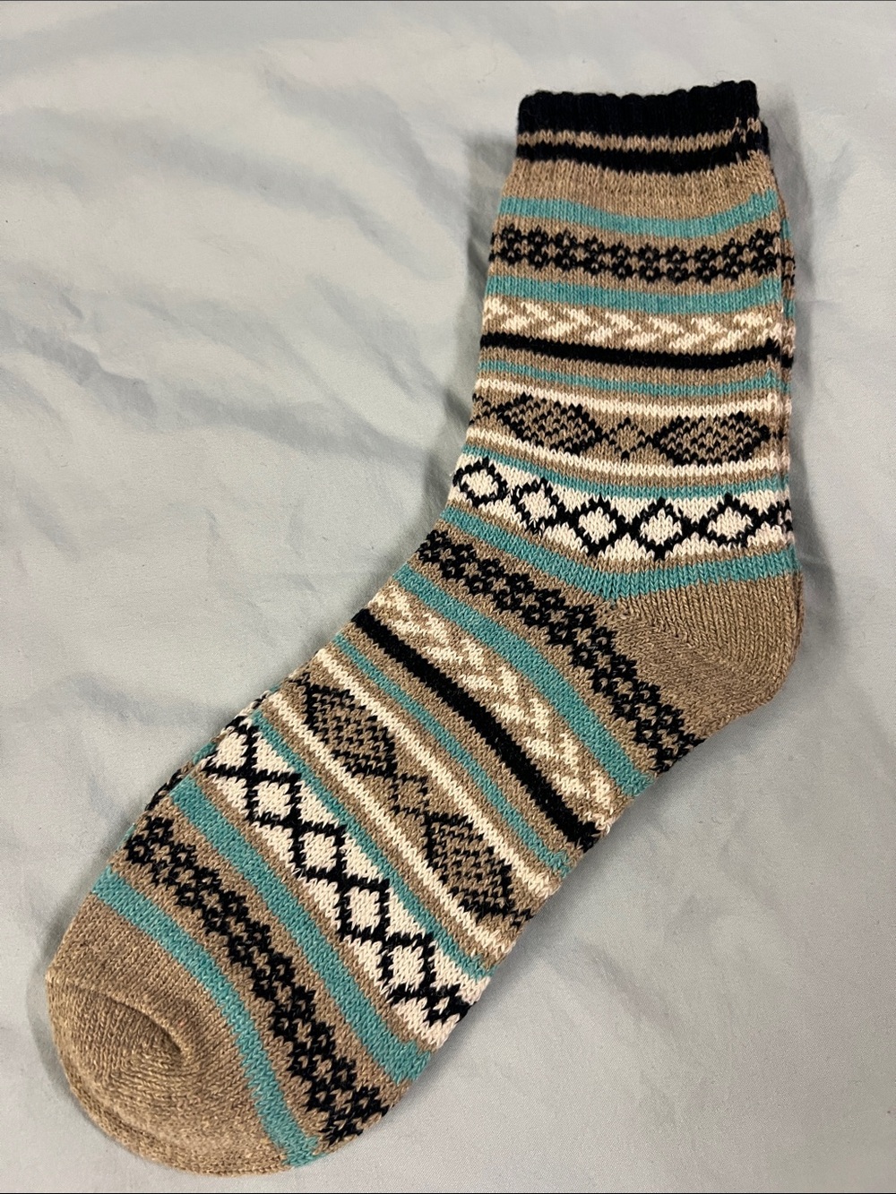 Vintage Patterned Wool Tall Crew Socks - Beige, Turquoise & Black